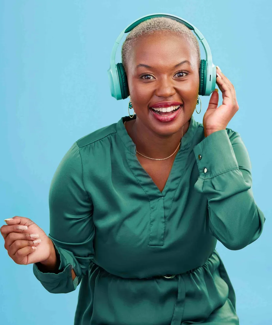 Smiling listener wearing headphones